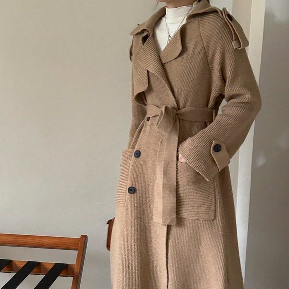 MODA ME COUTURE Sweaters - chic Double Breasted Belted Longline Cardigan Trench Coat Brown